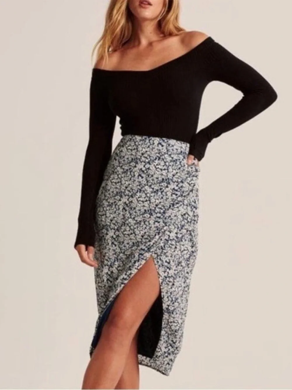 Abercrombie Floral Split Midi Skirt in Black and White
